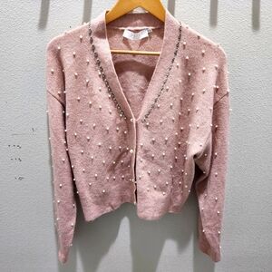 ASTR The Label Women's Faux Pearl & Rhinestones Embellished Cardigan Pink XL EUC